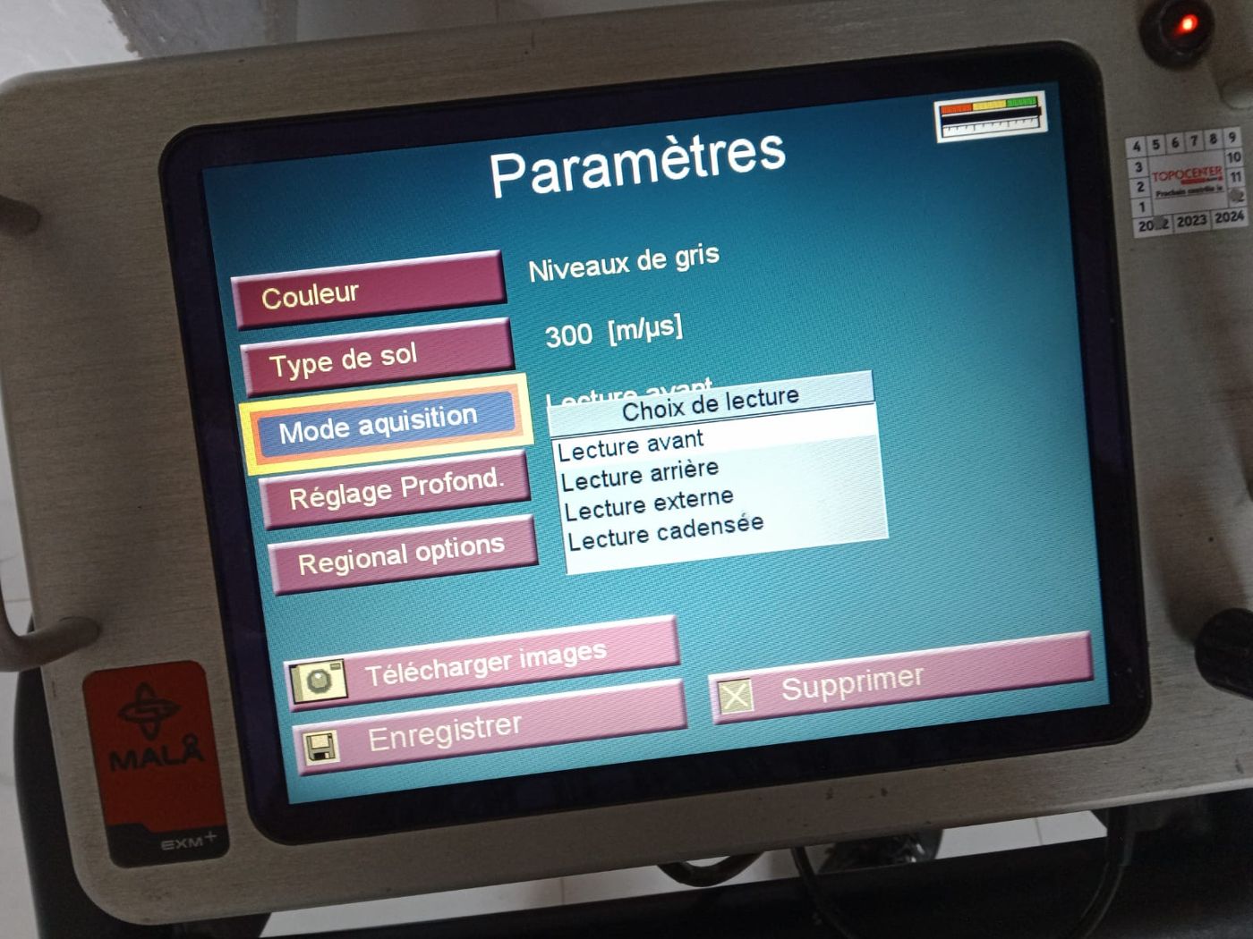 Écran de contrôle d'un géoradar MALÅ en mode paramètres